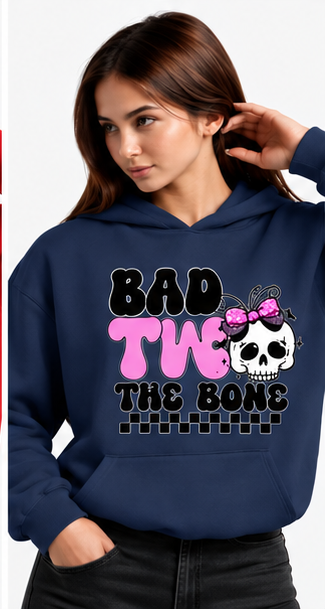 Bad to the Bone Skull Halloween Hoodie in navy — same original graphic