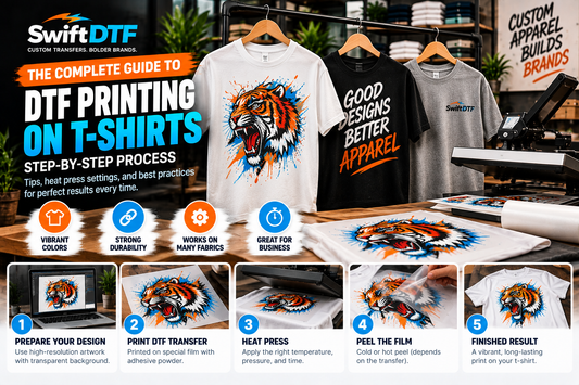 Step-by-step DTF printing process showing artwork preparation, transfer film, heat pressing, peeling, and a finished custom t-shirt