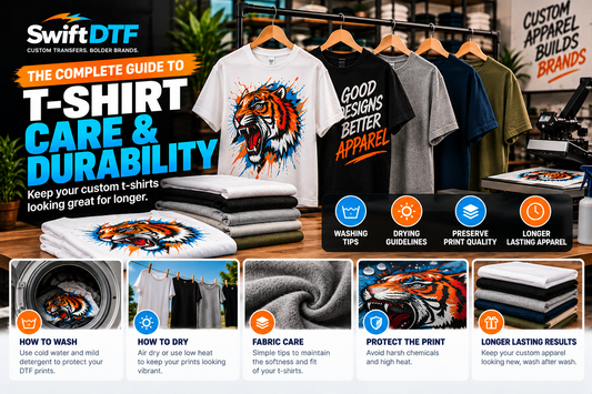 Care guide for DTF printed t-shirts showing washing, drying, fabric care, and print protection