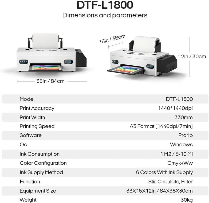 DTF Printer - White Ink Circulation & Semi-Automatic Cleaning | Includes Printer, Oven, Ink