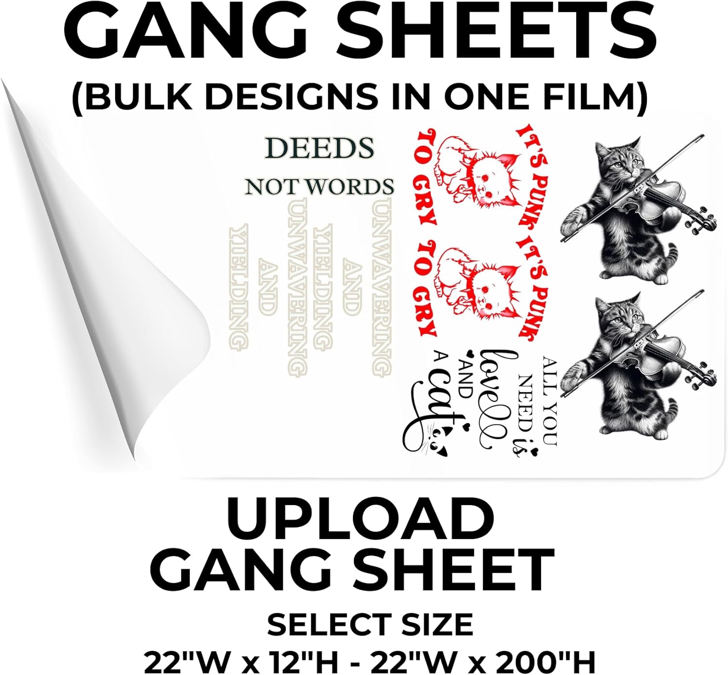 DTF gang sheet for bulk designs, upload personal designs, select size for custom print, rolled-up DTF film delivery.