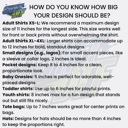 "Sizing guide for DTF designs on various apparel including adult shirts, logos, pocket designs, baby onesies, and hats."