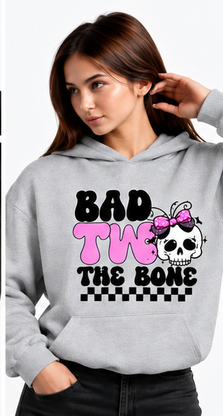 Bad to the Bone Skull Halloween Hoodie in ash gray — same original graphic