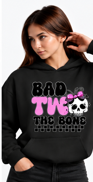 Bad to the Bone Skull Halloween Hoodie in black — same original graphic