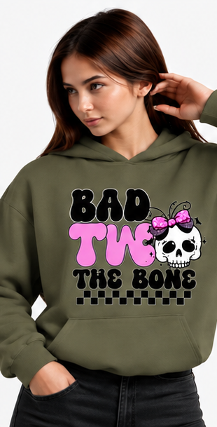 Bad to the Bone Skull Halloween Hoodie in olive — same original graphic