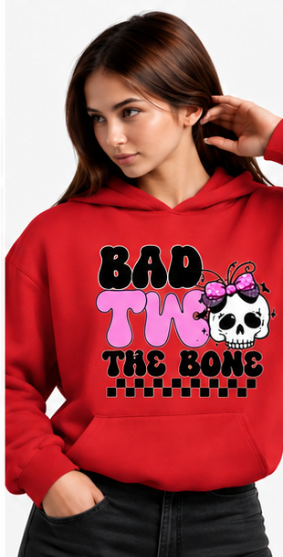 Bad to the Bone Skull Halloween Hoodie in red — same original graphic