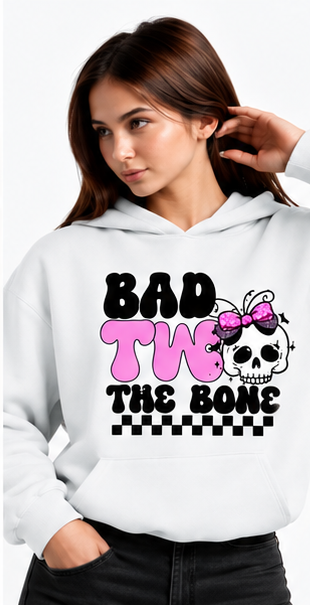 Bad to the Bone Skull Halloween Hoodie in white — same original graphic