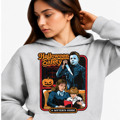 Retro Halloween Safety Graphic Hoodie mockup in ash gray