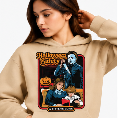 Retro Halloween Safety Graphic Hoodie mockup in beige