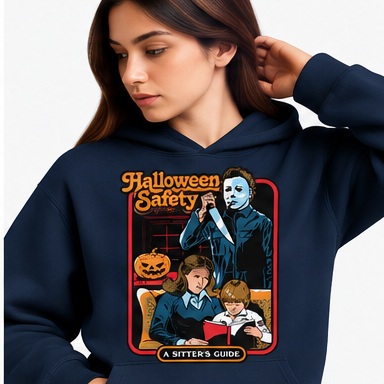 Retro Halloween Safety Graphic Hoodie mockup in navy