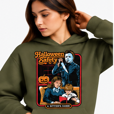 Retro Halloween Safety Graphic Hoodie mockup in olive