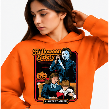 Retro Halloween Safety Graphic Hoodie mockup in orange