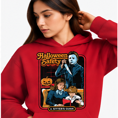 Retro Halloween Safety Graphic Hoodie mockup in red