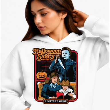 Retro Halloween Safety Graphic Hoodie mockup in white