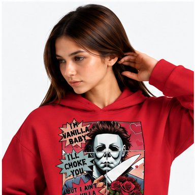 Vintage Horror Collage Halloween Hoodie in red — square 1:1 mockup