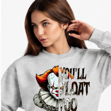 Creepy Clown Horror Graphic Hoodie — You'll Float Too — ash-gray mockup