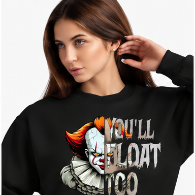 Creepy Clown Horror Graphic Hoodie — You'll Float Too — black mockup