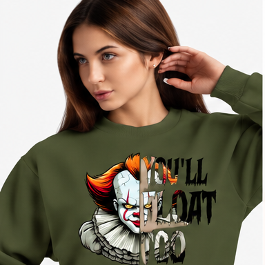 Creepy Clown Horror Graphic Hoodie — You'll Float Too — olive mockup