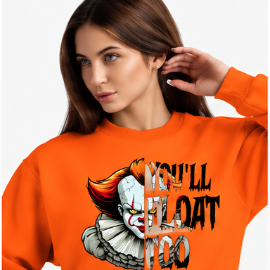Creepy Clown Horror Graphic Hoodie — You'll Float Too — orange mockup
