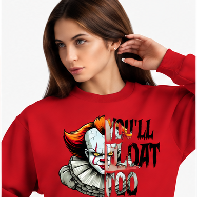 Creepy Clown Horror Graphic Hoodie — You'll Float Too — red mockup
