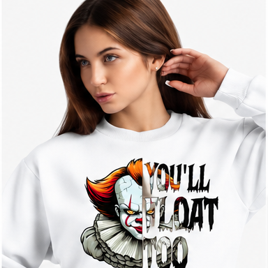 Creepy Clown Horror Graphic Hoodie — You'll Float Too — white mockup